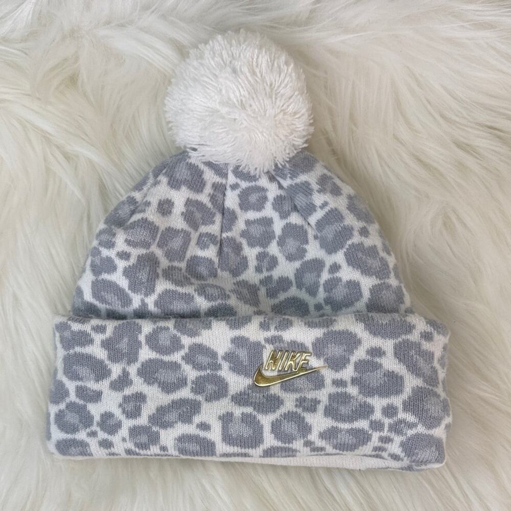 Nike Kids Leopard Print Beanie with Pom-Pom